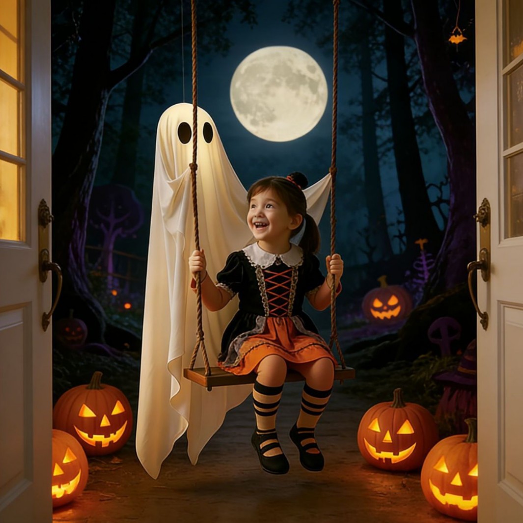 Kinder-Halloween-Kostümkleid mit Schnürmieder, Tüllrock und gestreiften Kniestrümpfen
