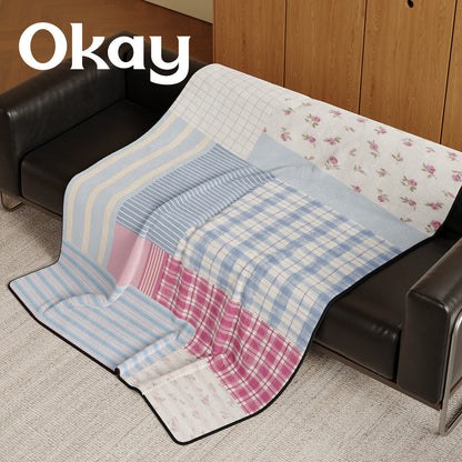 Reversible Patchwork Plush Throw Blanket with Mixed Plaid Stripes and Floral Panels
