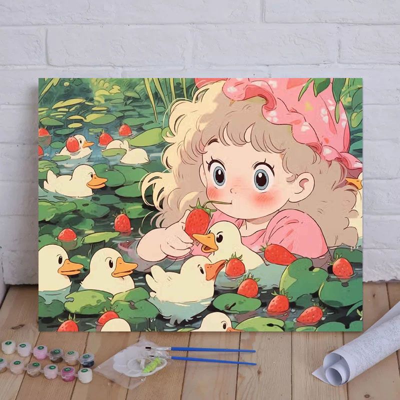 Cartoon Cat und Mädchen Themenleinwand Malset nach Zahlen Brehn