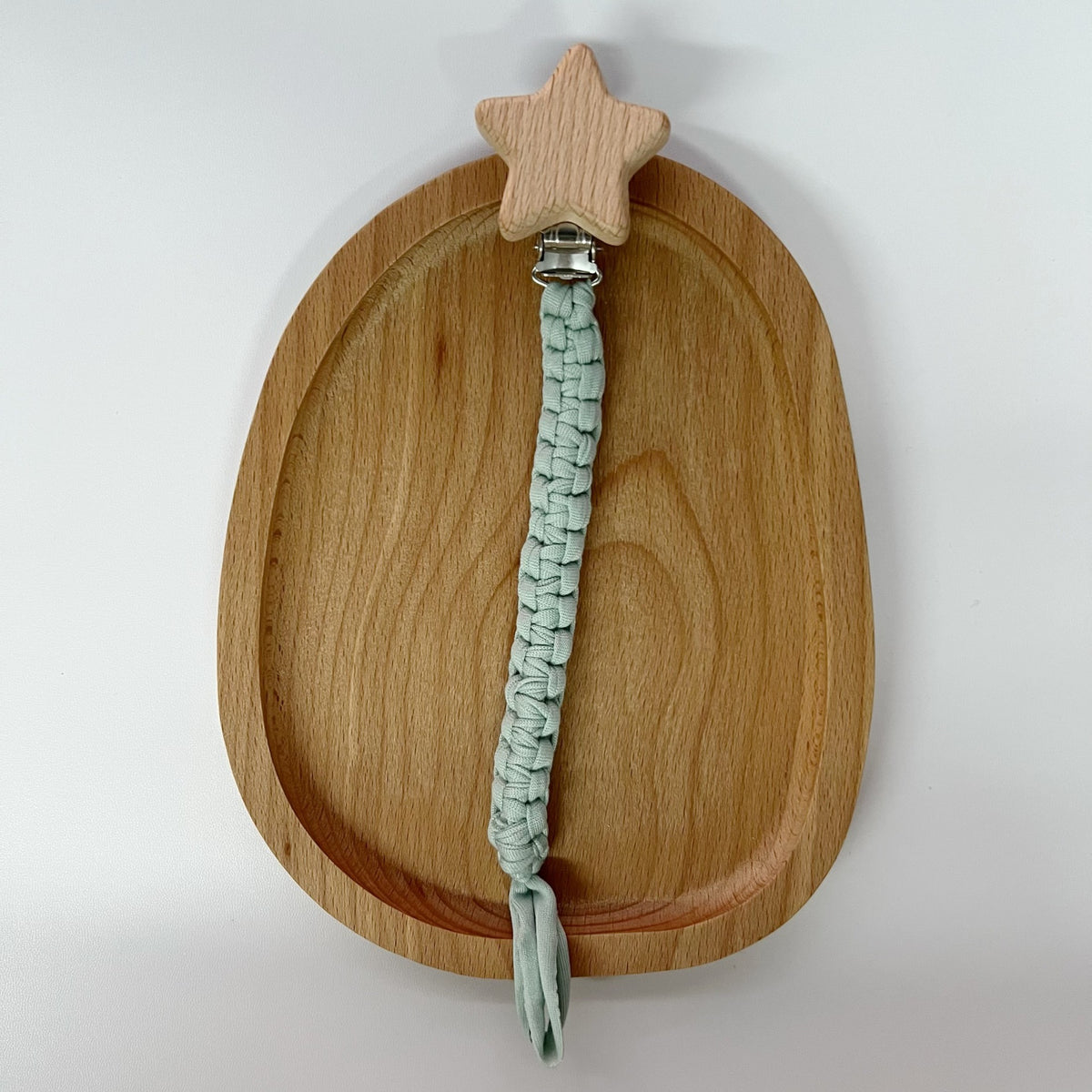 Geflochtener Baumwoll-Nuckelclip mit sicherer Holzstern-Klemme