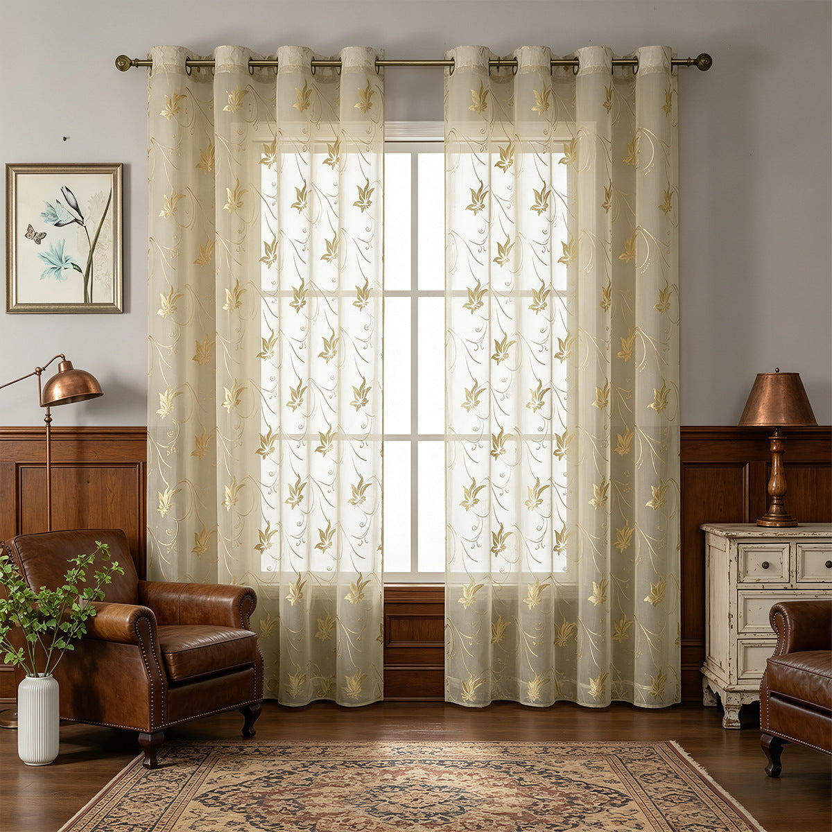 Künstlerisch Floral Gestickter Transparenter Vorhang