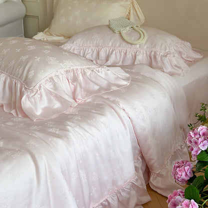 Elegantes Satin-Bettwäsche-Set mit Jacquard-Blumenmuster und Rüschen