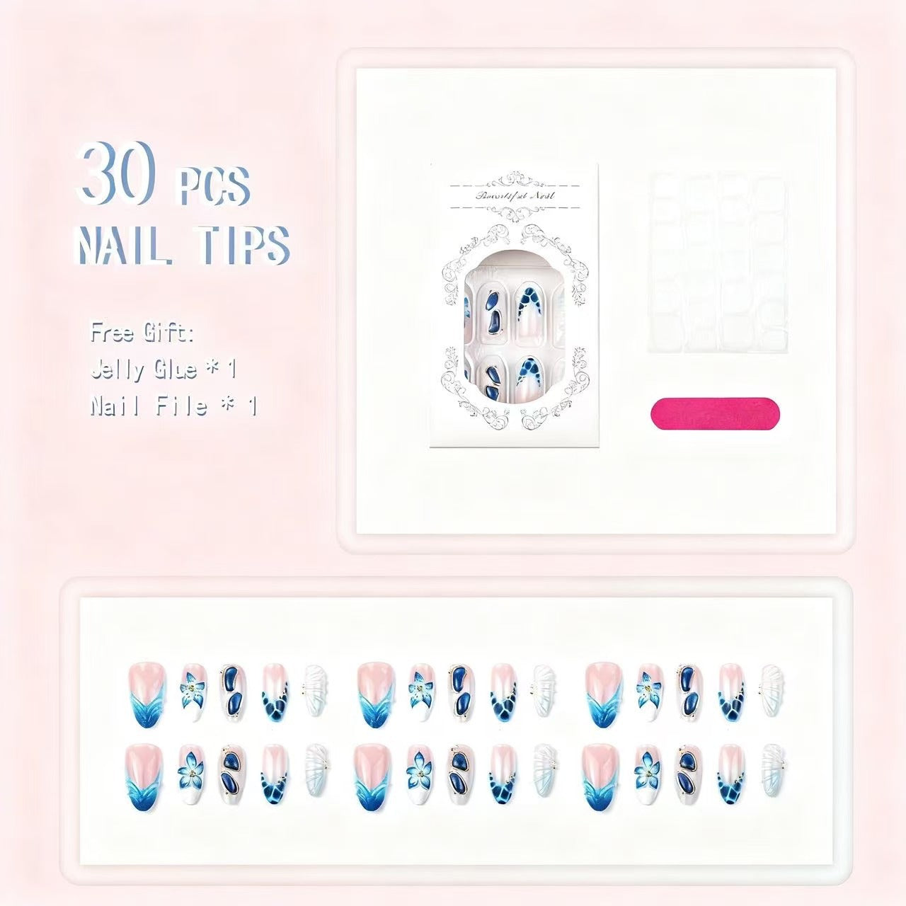 Künstlerisches Press-On Nagelspitzen-Set mit floralen und geometrischen Mustern Brehn
