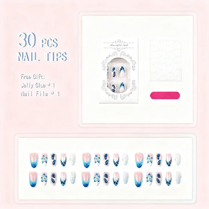 Künstlerisches Press-On Nagelspitzen-Set mit floralen und geometrischen Mustern Brehn