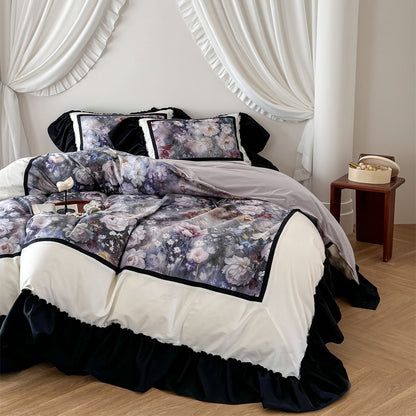 Romantisches Satin-Feel Floral Wende-Rüschende Bettbezug-Set