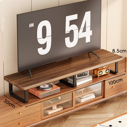 Breite Holz-TV-Ständer mit Metall-U-Beinen und erhöhter Ablage