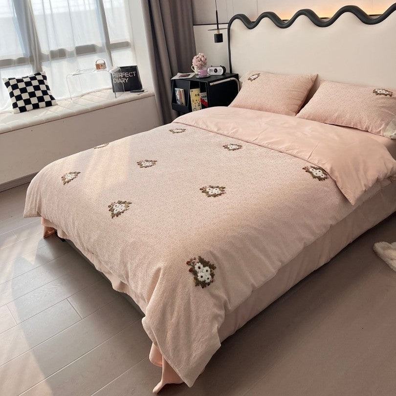 Besticktes Floral Cotton-Satin Bettbezug-Set mit Rock-Bettlaken und passenden Kissenbezügen