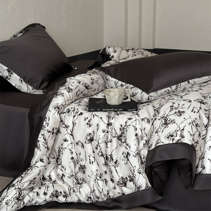 Luxuriöses Satin-Bettwäsche-Set mit floralem Aquarellprint und Satinkante