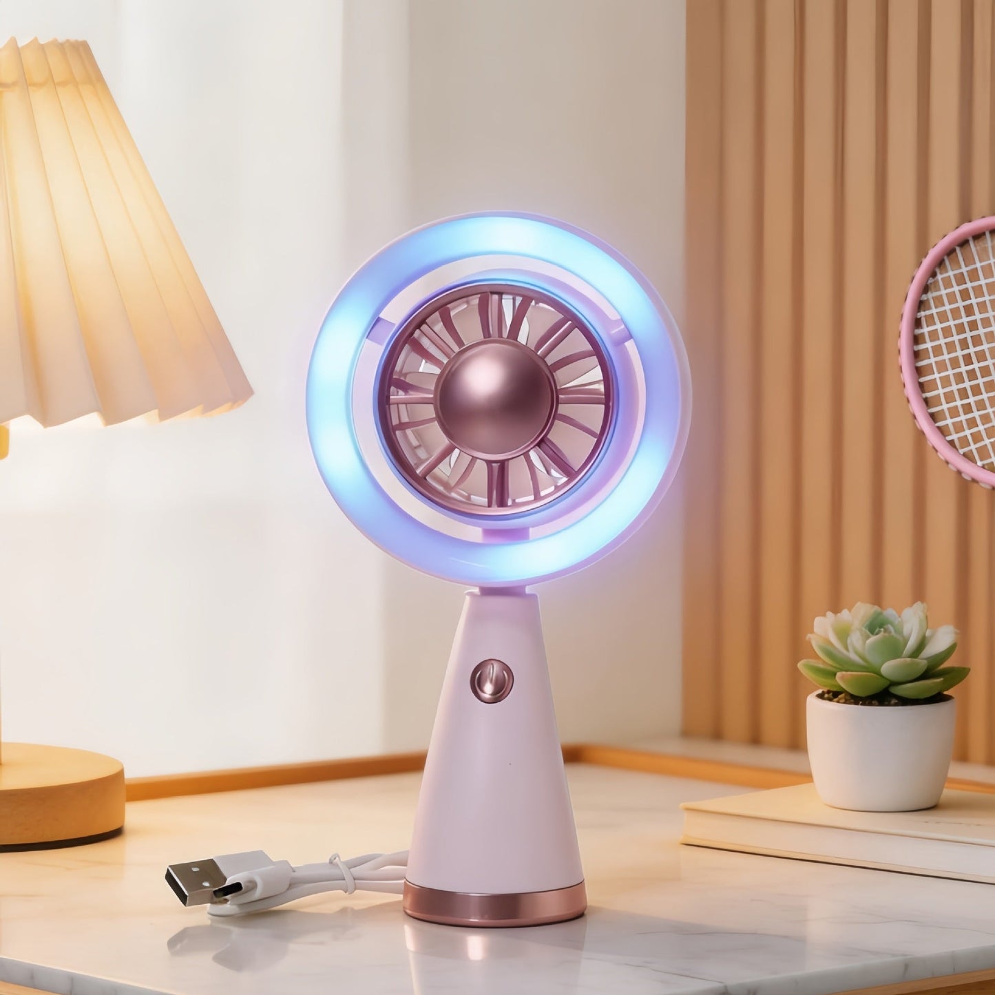 Frauen Tragbarer Mini Ventilator mit Bunt LED Licht Brehn