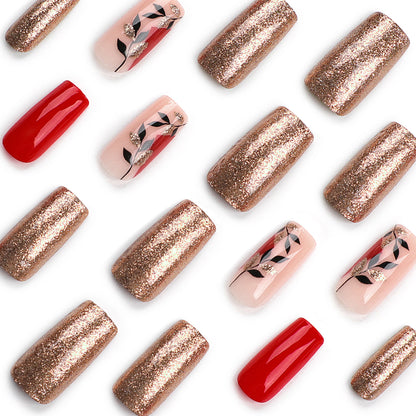 Kunstvolle Gel-Nägel mit elegantem Floral-Design und Glitzerakzenten Brehn