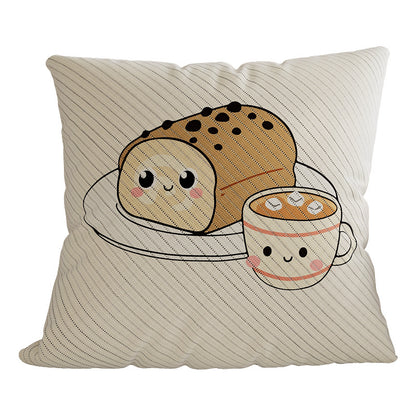 Cotton-Linen Kawaii Breakfast Bread and Coffee Illustrated Decorative Throw Pillow Cover