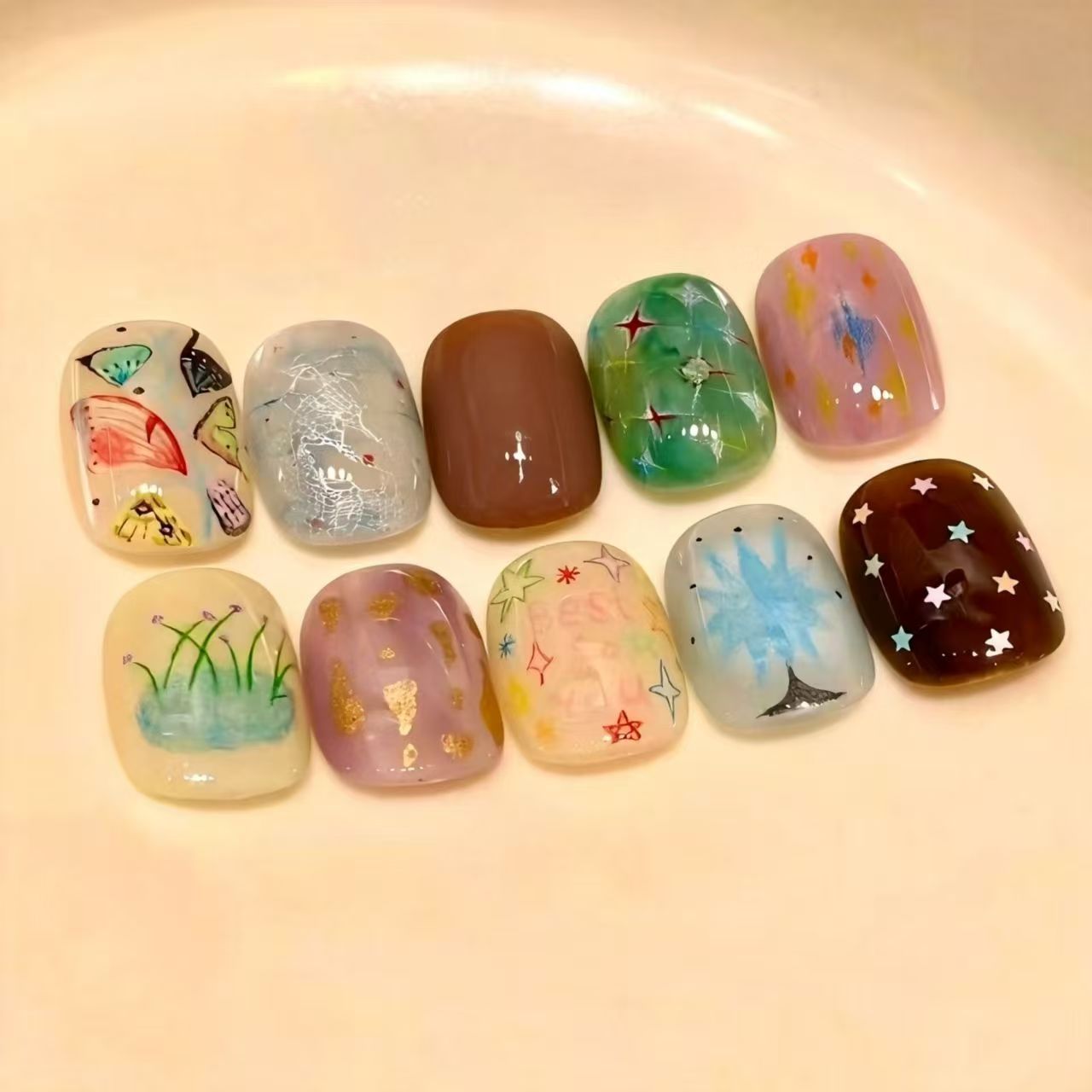 Künstlerisches katzenmotiviertes Press-On-Nagelkunstset Brehn