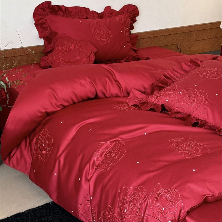 Satin-Bettwäsche-Set mit Rosenstickerei, Rüschenkissen und Dekokissen Brehn