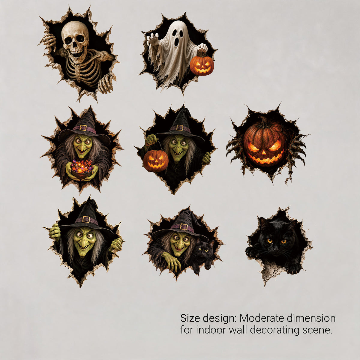 Realistisches 3D Wandtattoo Halloween‑Hexe mit durchbrechender Wand und Süßigkeiten
