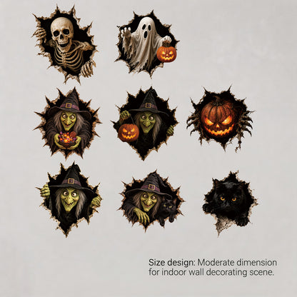 Realistisches 3D Wandtattoo Halloween‑Hexe mit durchbrechender Wand und Süßigkeiten
