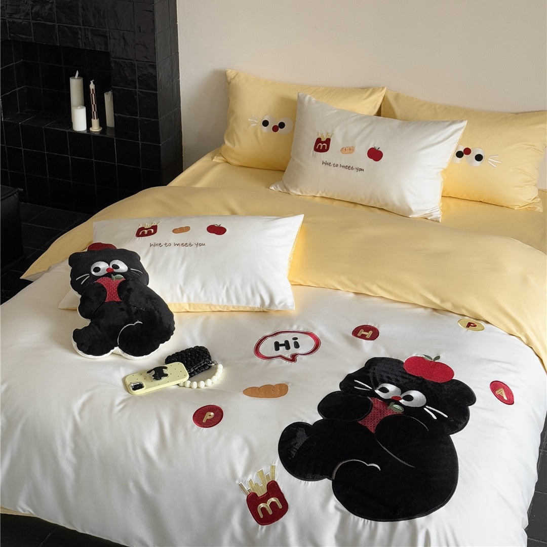 Cartoon Applikation Plüsch Katze Bettdeckenbezug Set mit Micro-Satin Wendeseite & Kopfkissenbezügen