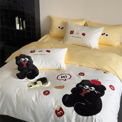 Cartoon Applikation Plüsch Katze Bettdeckenbezug Set mit Micro-Satin Wendeseite & Kopfkissenbezügen