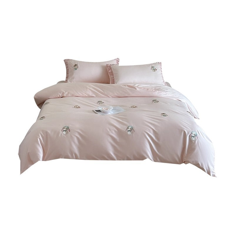 Seiden-Feeling Baumwoll-Satin Bestickte Hasen Bettdeckenbezug-Set