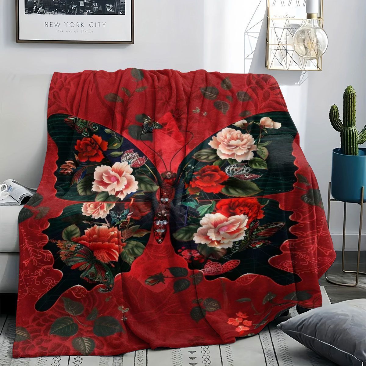 Fluffy Butterfly Print Fleece-Decke