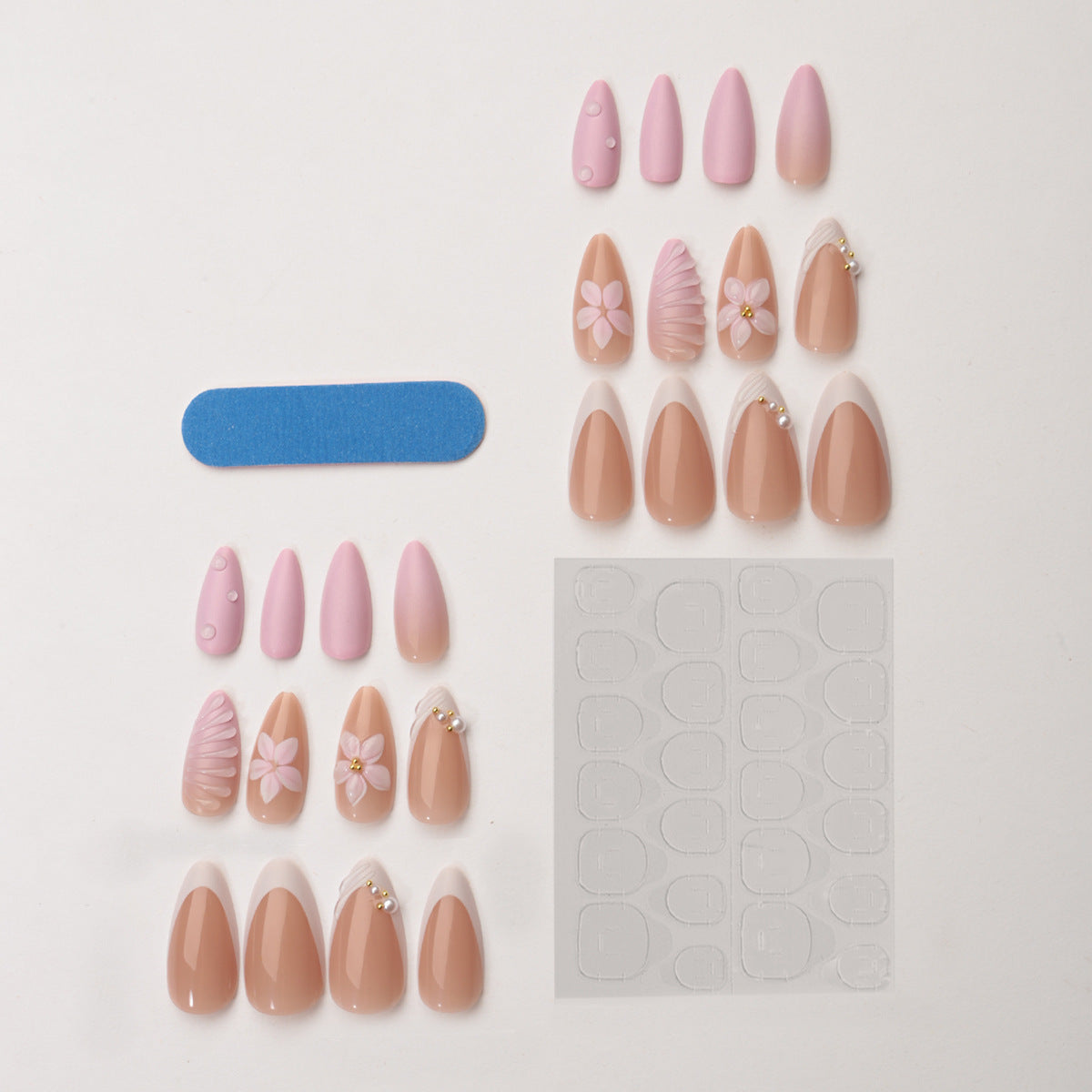 Kreatives Kunstnagelset mit floralem und schimmerndem Design Brehn