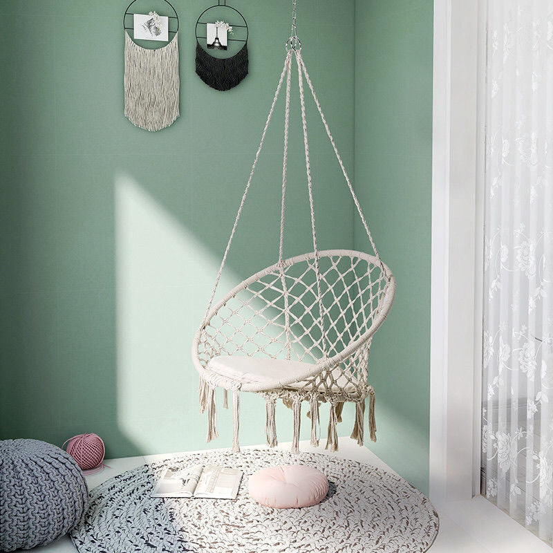 Boho Makramee hängender Sch swingstuhl mit Kunstfellkissen und Fransen Brehn
