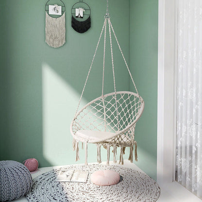 Boho Makramee hängender Sch swingstuhl mit Kunstfellkissen und Fransen Brehn