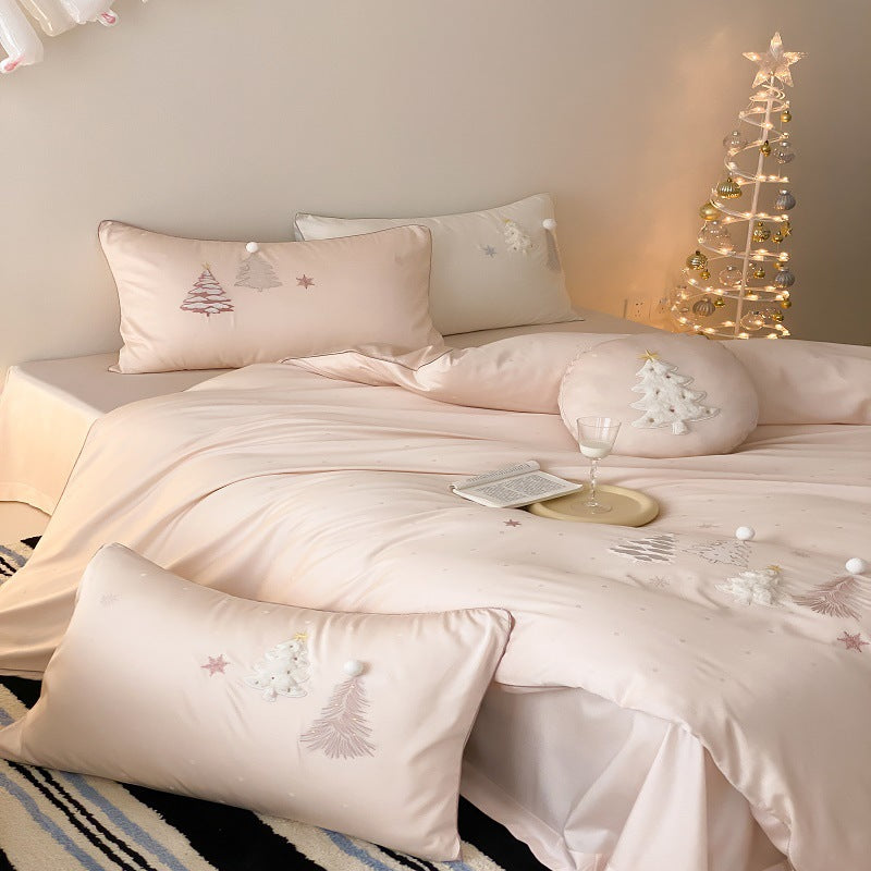 Besticktes Pom-Pom Baumwollsatin Bettwäsche Set mit dekorativem runden Kissen