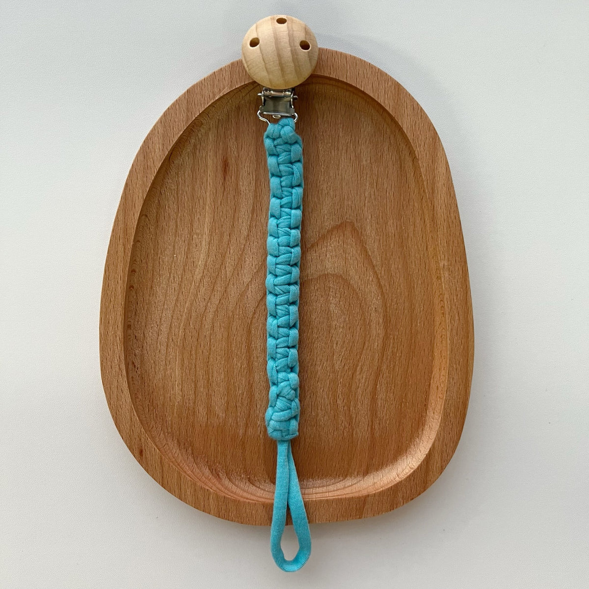 Geflochtener Baumwoll-Schnullerclip mit Holz-Sicherheitsclip