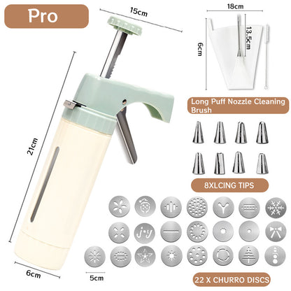 Manual Cookie Press and Churro Maker Set with 22 Decorative Discs and Icing Nozzles