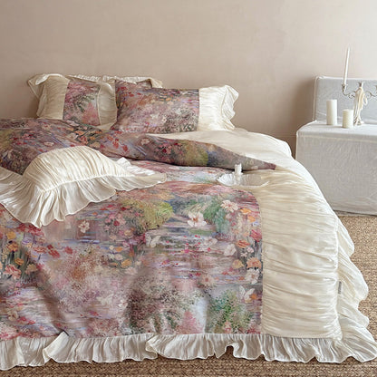 Florales Aquarell Satin Rüsch Bettdeckenbezug Set