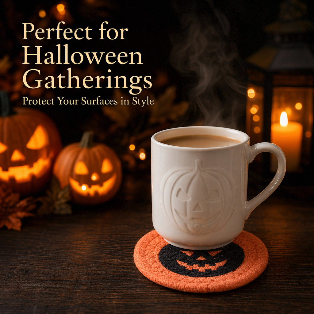Runde Filz- und Baumwoll-Untersetzer mit gesticktem Halloween-Spukhausmotiv