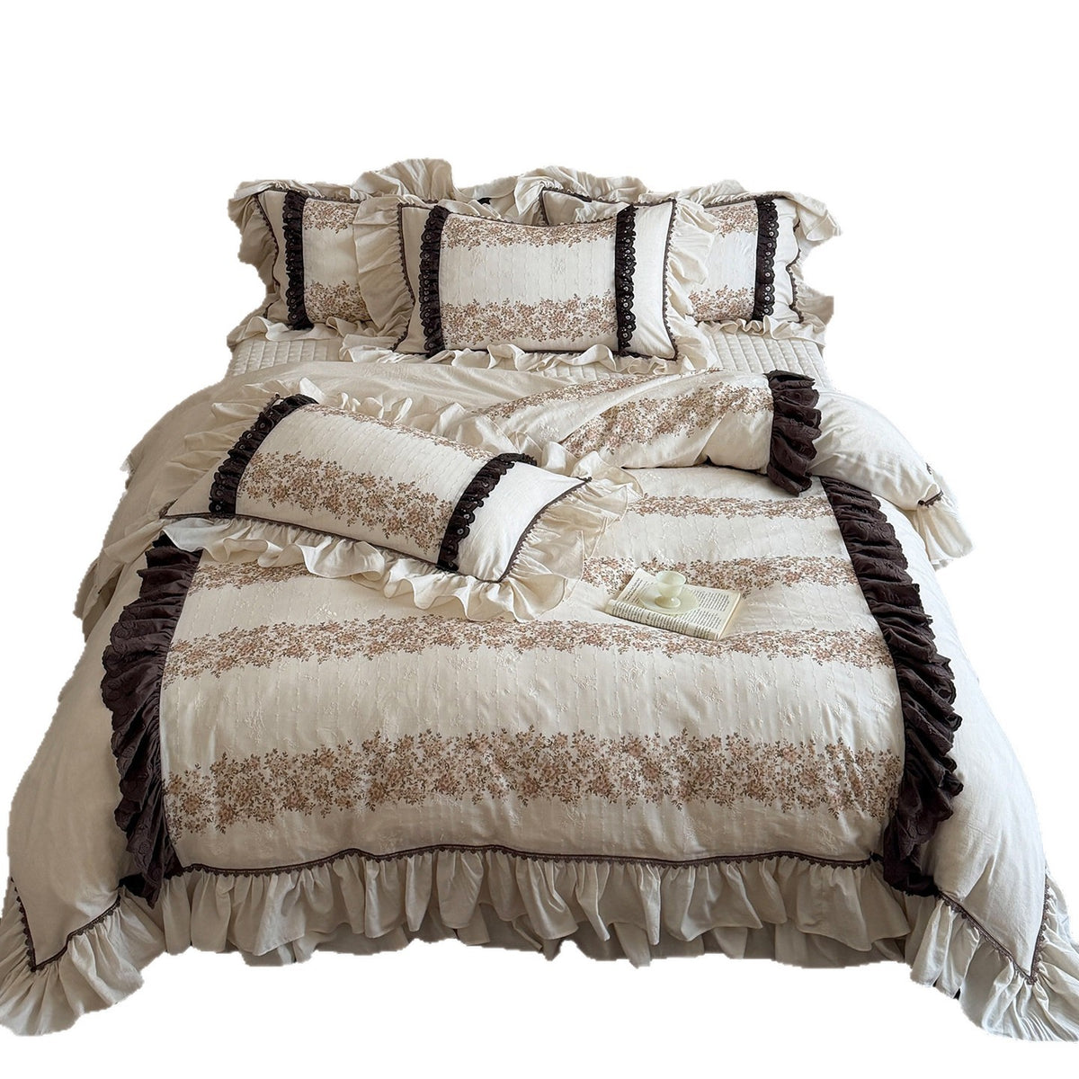 Vintage Cottage Floral Rüsch Bettbezug Set mit gestepptem Bolster und tiefem Bettrock