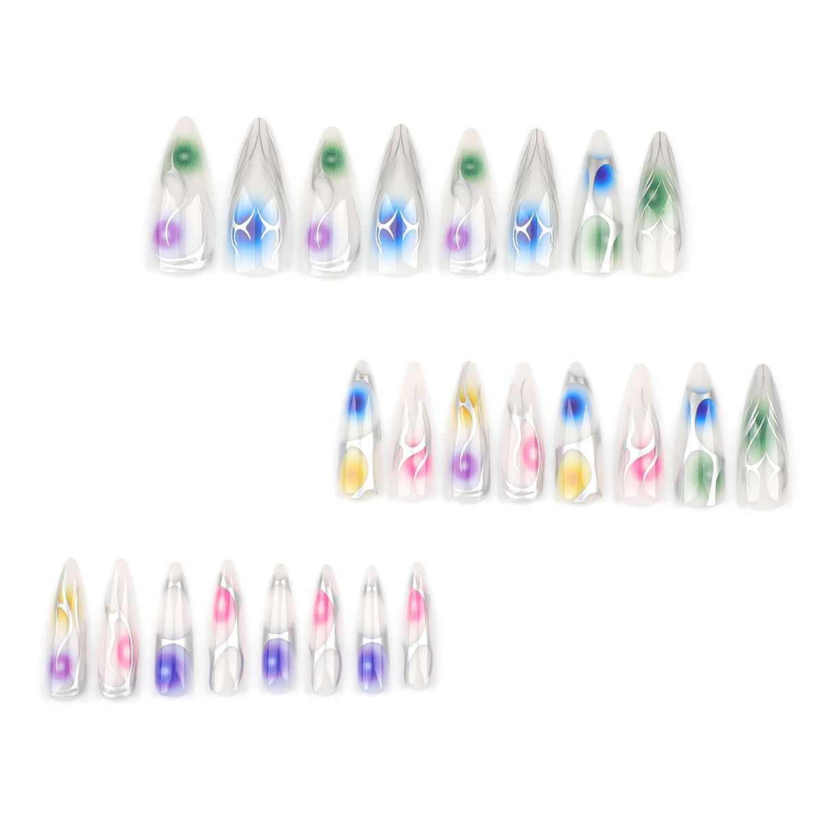 Kunstvolle Stiletto-Nägel mit transparentem Design und farbenfrohen Akzenten Brehn