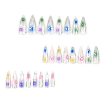 Kunstvolle Stiletto-Nägel mit transparentem Design und farbenfrohen Akzenten Brehn
