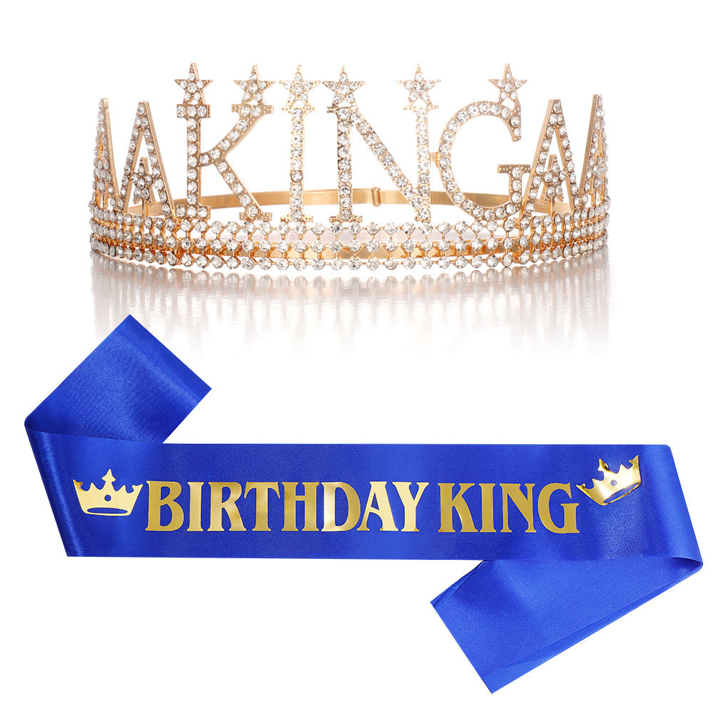 Damen Glitzernde Geburtstagskrone mit einem regalem "Birthday King"-Schärpen-Set Brehn
