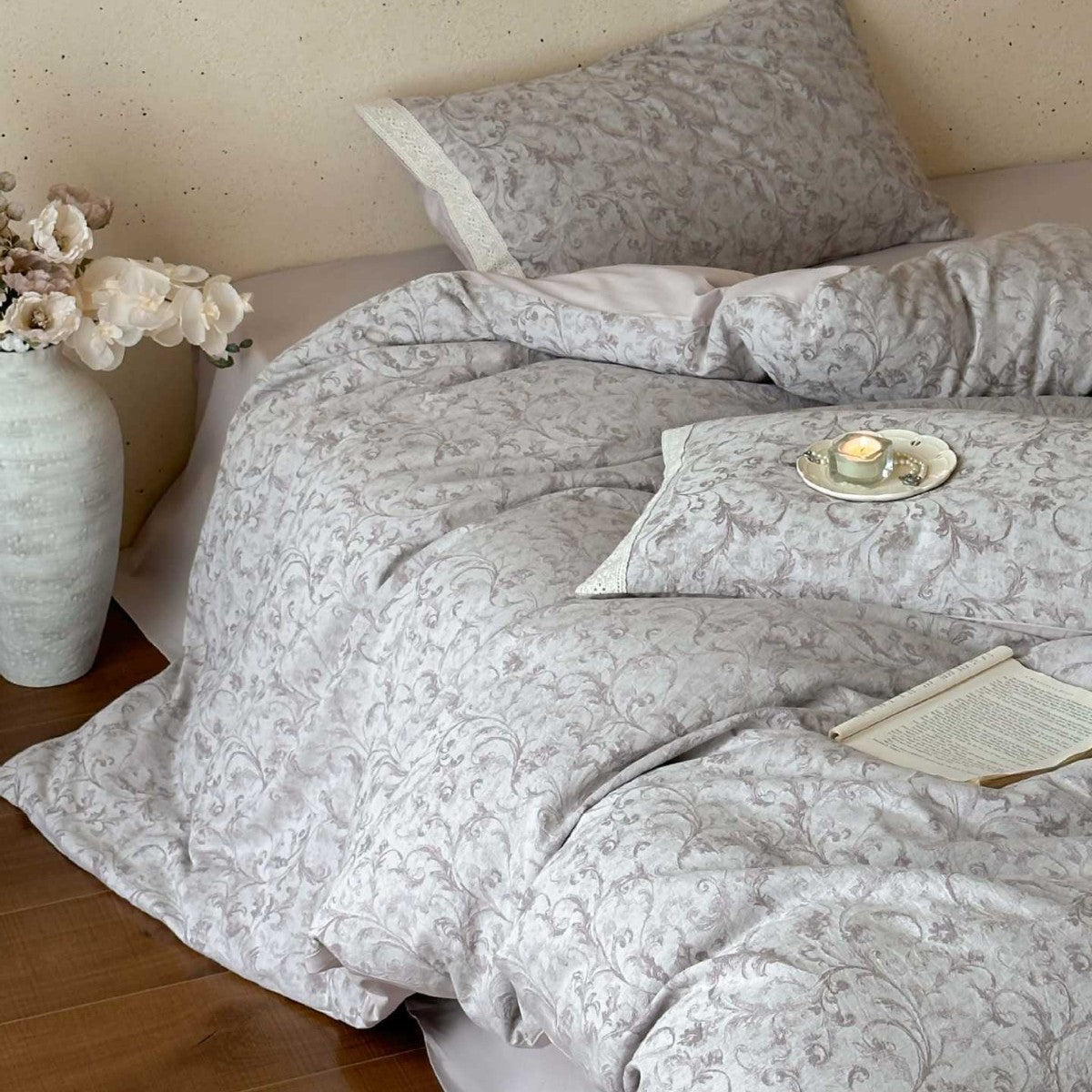 Wende Damast-Print Baumwollsatin Bettbezugset mit Umschlagkissenbezügen
