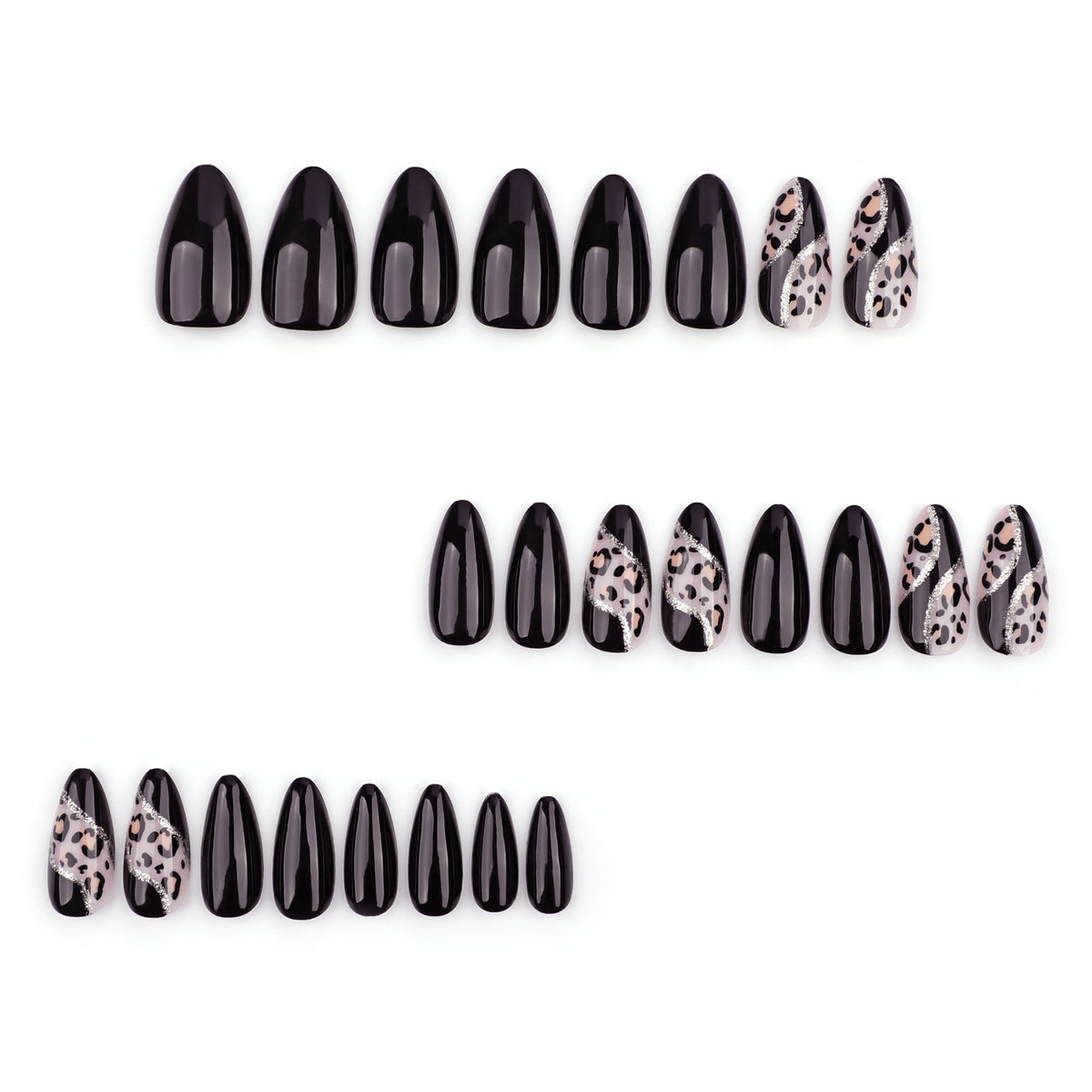 Kunstvolle Stiletto-Nägel mit leopardischem Design und Glitzereffekten Brehn