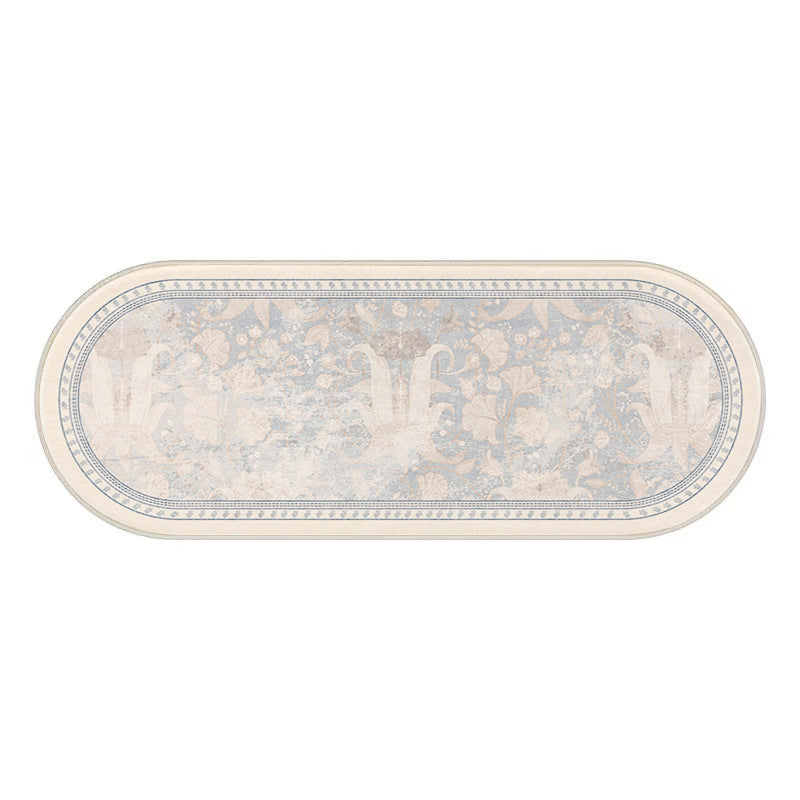 Oval Low-Pile Kitchen Runner Rug with Vintage Distressed Floral Jacquard and Non-Slip Backing