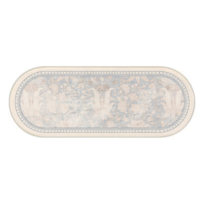 Oval Low-Pile Kitchen Runner Rug with Vintage Distressed Floral Jacquard and Non-Slip Backing