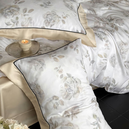 Luxuriöses Aquarell-Rosen-Satin-Duvet-Bezug-Set mit Satin-Rückseite und geflammten Kissenbezügen