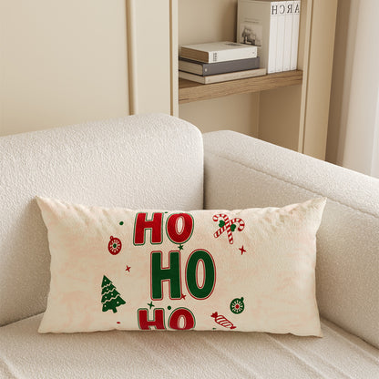 Rectangular Festive Lumbar Pillow Cover with Merry Christmas Typographic Print and Reindeer Antler Accent