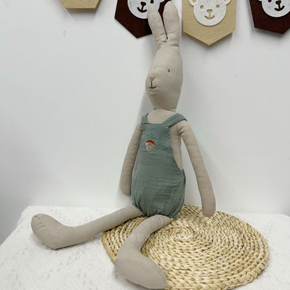Handgemachte Leinen Lange-Glied-Bunny-Puppe mit gesticktem Karotten-Overalls