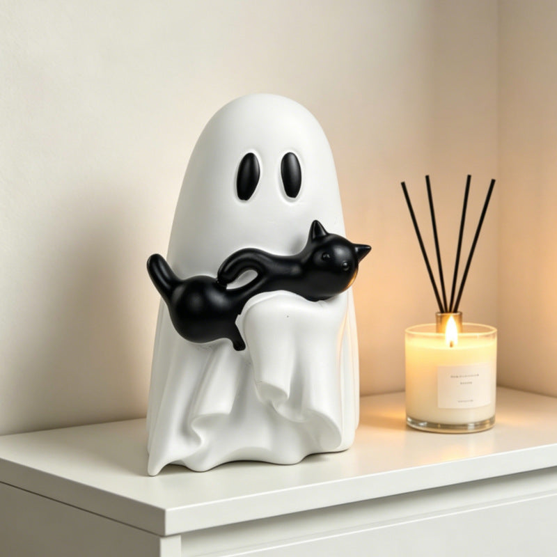 Skulpturale Dekofigur Geist mit Katzenrelief für Regal und Sideboard