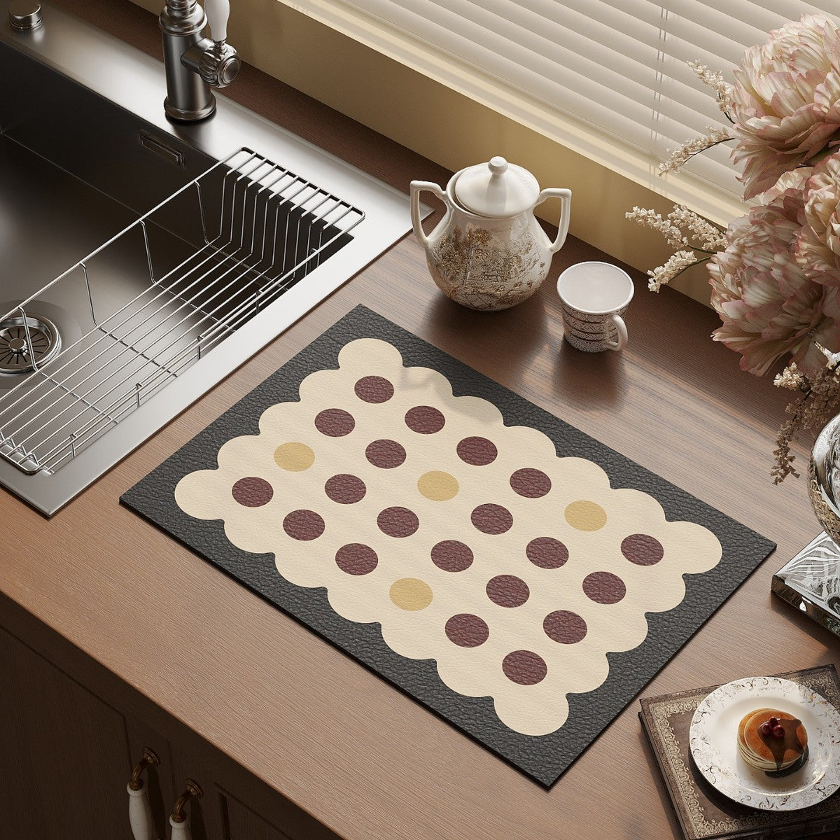 Scalloped Faux-Leather Dining Placemat with Polka Dot Texture