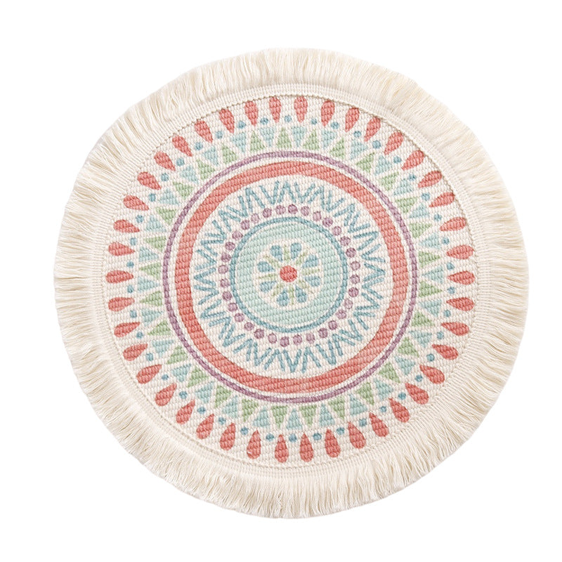 Runder flachgewebter Baumwoll-Teppich mit Mandala-Motiv und dekorativen Fransen Brehn