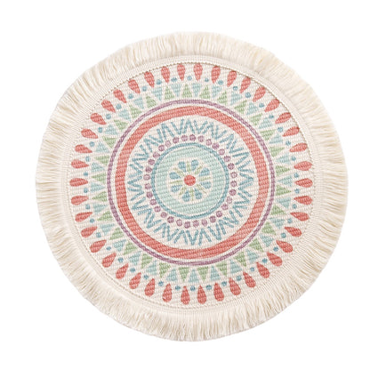 Runder flachgewebter Baumwoll-Teppich mit Mandala-Motiv und dekorativen Fransen Brehn