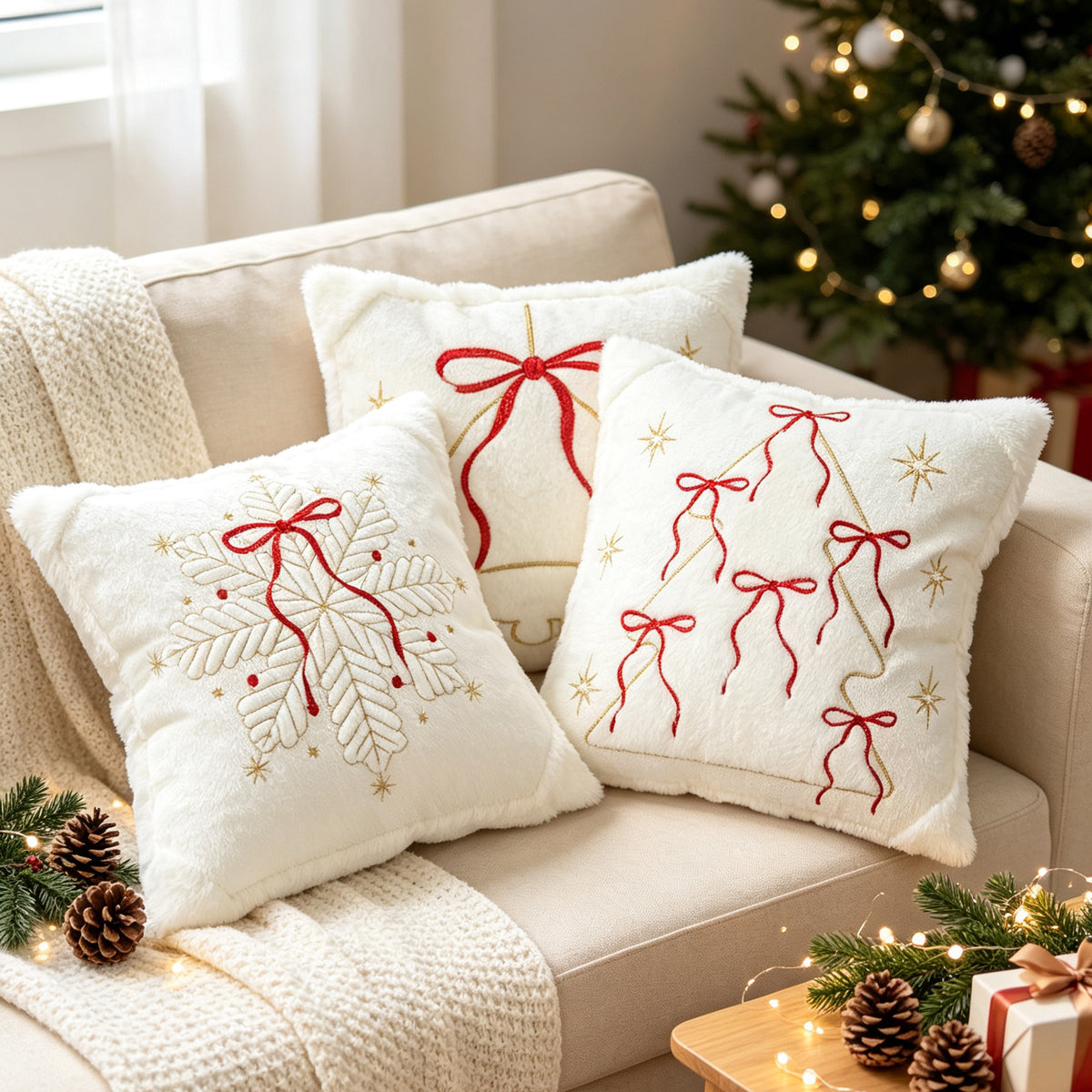 Festliches besticktes Kunstfell-Weihnachts-Wurfkissen