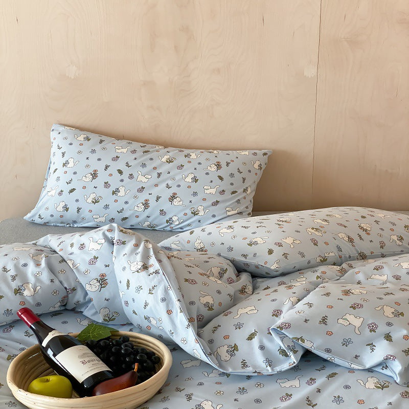Umkehrbare Baumwoll-Percale Bettwäsche und Kissenbezug Set mit verspieltem Welpen Blumenmuster