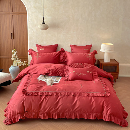Romantisches Satin-Bettwäsche-Set mit Volants, feiner Blumenstickerei und Wendekissen