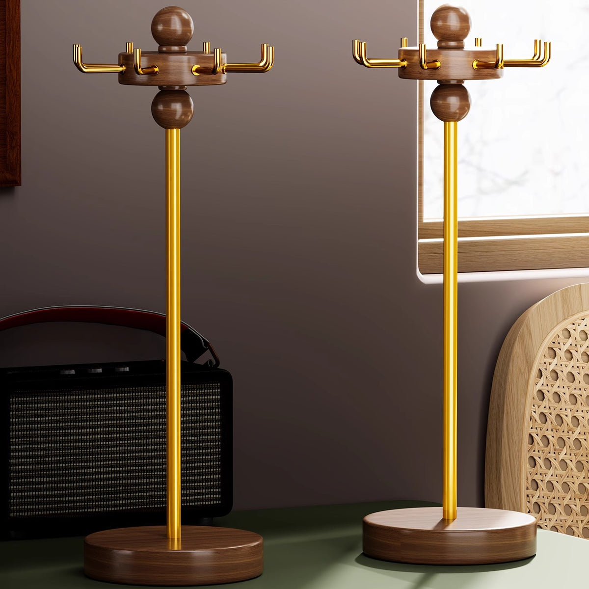 Holz-Basis Multi-Arm Schmuckständer mit vergoldeten Haken und Halskettenorganisator
